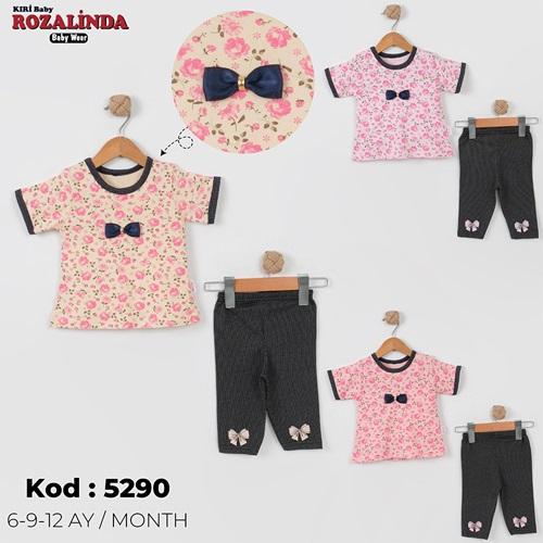 Rozalinda 5290 Kız Bebe Penye Gül Baskılı Tayt Takım 6-12 AY