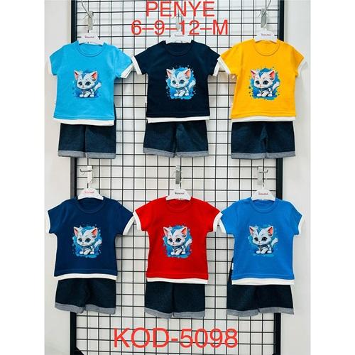 Rozalinda 5098 Erkek Bebe Penye Sevimli Kedi Baskılı 2 li Takım 6-12 Ay