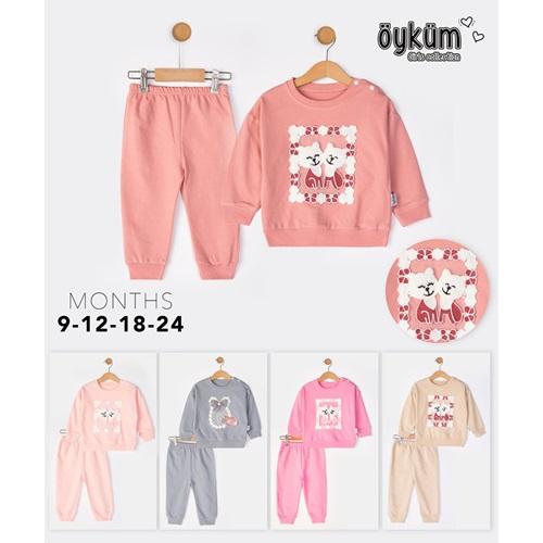 Öyküm 1726 Kız Bebe Penye Triko Sevimli 2 Kedi Nakışlı Takım 9-24 Ay