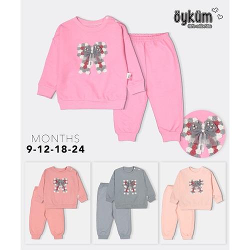 Öyküm 1725 Kız Bebe Penye Triko Fiyonk Nakışlı Takım 9-24 Ay