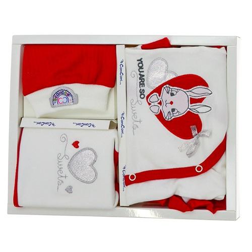 CC-5083 Bebe Penye Fistolu Kalp Nakışlı 5 Parça Lüx Zıbın Set 0-3 Ay
