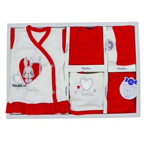 Concon 8106 Bebe Fistolu Kalpli Tavşan Nakışlı 8 Parça Lüx Zıbın Set 0-3 Ay