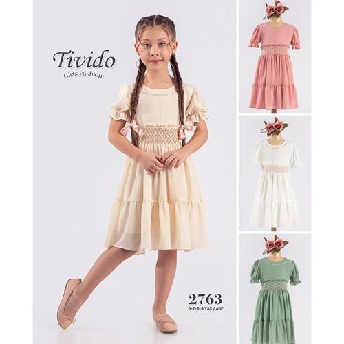 Tivido 2763 Kız Çocuk Yaka Nakışlı Gipe Elbise 6-9 Yaş