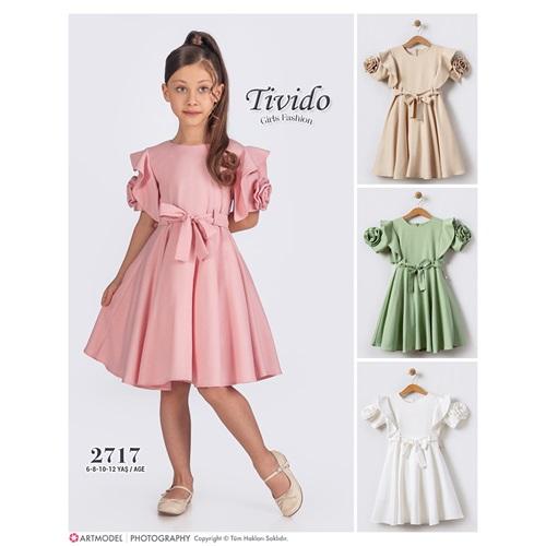Tivido 2717 Kız Çocuk Omuz Gül Modelli Elbise 6-12 Yaş