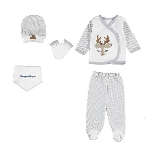 ConCon 5072 Bebe Organik Lüx Süzine Geyik Nakışlı 5 Parça Zıbın Set 0-3 Ay