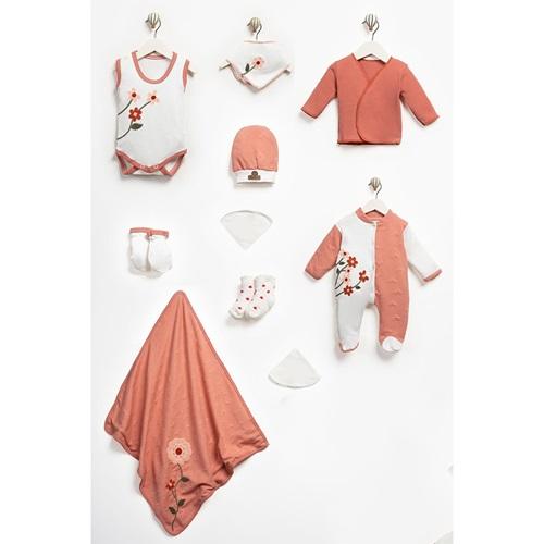 ConCon 8080 Bebe Organik Lüx Çiçek Nakışlı 8 Parça Zıbın Set 0-3 Ay