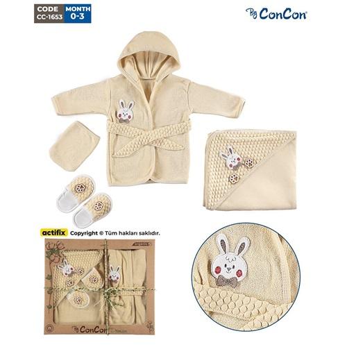 ConCon 1653 Bebe Organik Sevimli Tavşan Nakışlı 3 Parça Bornoz Seti 0-1 Yaş