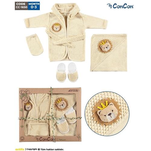ConCon 1650 Bebe Organik Sevimli Aslan Nakışlı 3 Parça Bornoz Seti 0-1 Yaş