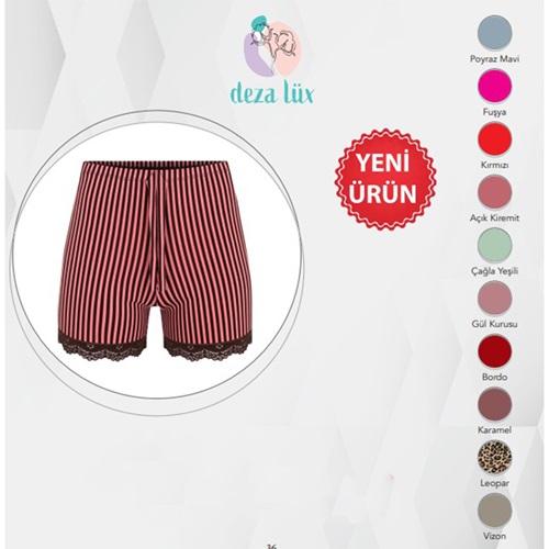 Deza 5076 Bayan Battal Penye Dantelli Çizgili Şort 2XL-3XL