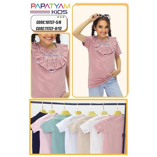 Papatyam Kids 10737 Kız Çocuk PenyeYaka Fırfırlı Baskılı Tişört 5-8 Yaş