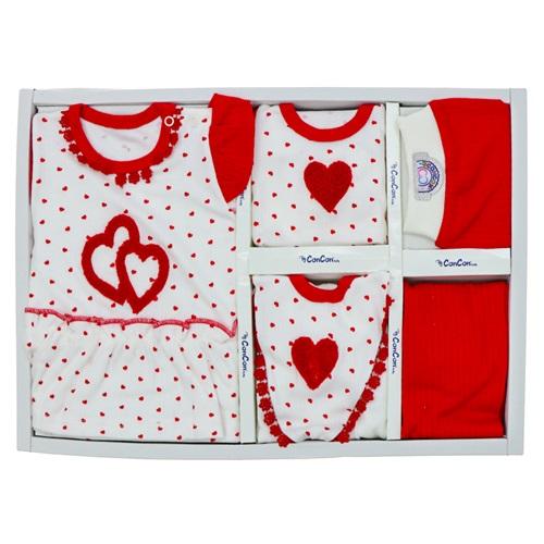 Concon 8107 Bebe İkiz Kalpli Nakışlı 8 Parça Lüx Zıbın Set 0-3 Ay