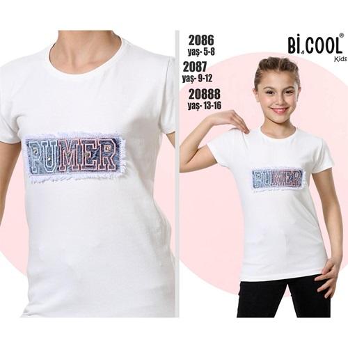 Bi Cool 2088 Kız Çocuk Penye Kot Kumaş Pumer Nakışlı Tişört 13-16 Yaş