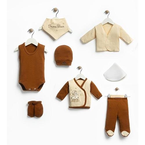 ConCon 8081 Bebe Organik Lüx Kızaklı Sevimli Ayıcık Nakışlı 8 Parça Zıbın Set 0-3 Ay