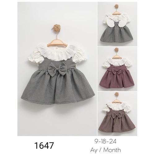 Tufitto 1647 Kız Bebe Kazayağı Desenli Kanatlı Elbise 9-24 Ay