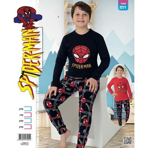 Mimi Night 2271 Erkek Çocuk Penye Spıder Man Baskılı Uzun Kol Pijama Takımı 13-16 yaş