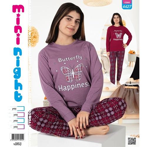 Mimi Night 4427 Kız Çocuk Penye Kelebek Baskılı U Kol Pijama Takımı 9-12 yaş