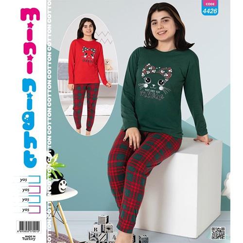Mimi Night 4426 Kız Çocuk Penye Sevimli Kedi Baskılı Uzun Kol Pijama Takımı 5-8 yaş