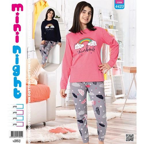 Mimi Night 4423 Kız Çocuk Penye Sevimli Bulut Baskılı Uzun Kol Pijama Takımı 5-8 yaş