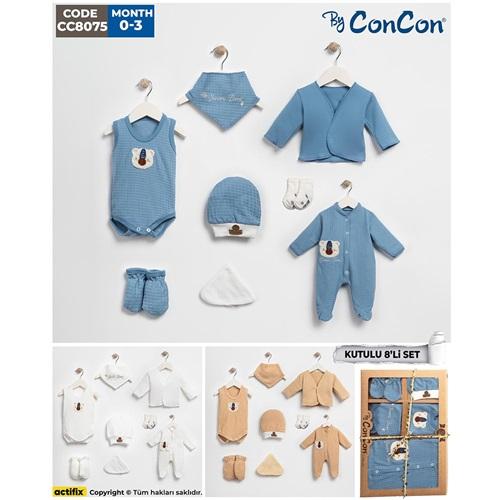ConCon 8075 Bebe Organik Lüx Ayıcık Nakışlı 8 Parça Zıbın Set 0-3 Ay