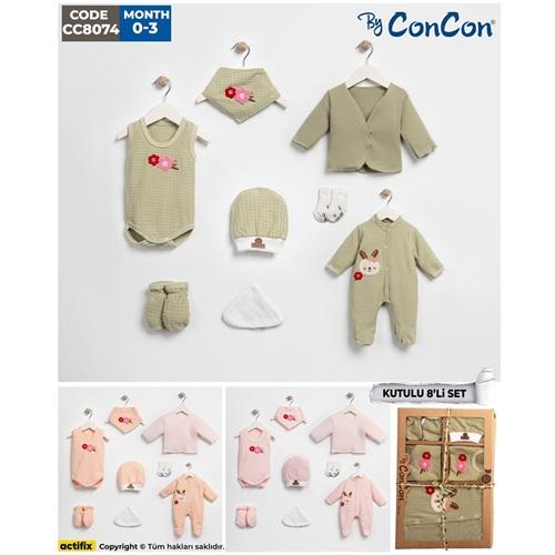 ConCon 8074 Bebe Organik Lüx Çicekli Tavşan Nakışlı 8 Parça Zıbın Set 0-3 Ay