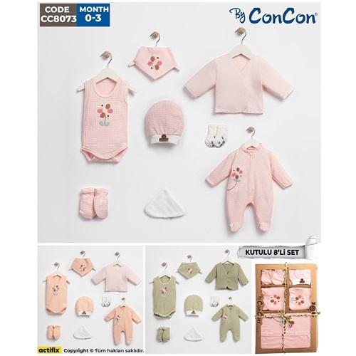 ConCon 8073 Bebe Organik Lüx Çicek Nakışlı 8 Parça Zıbın Set 0-3 Ay