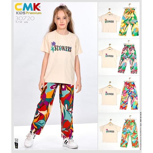 CMK KIDS 30720 Kız Çocuk Penye Sıfır Yaka Flowers Baskı Takım 5-12 Yaş