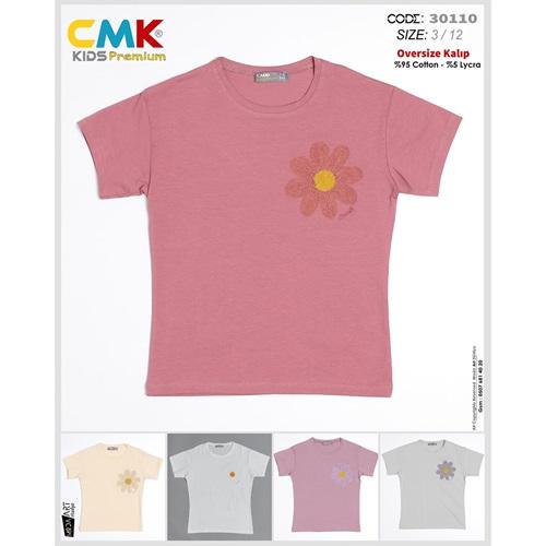 CMK KIDS 30110 Kız Çocuk Penye Papatya Nakışlı Tişört 3-12 Yaş
