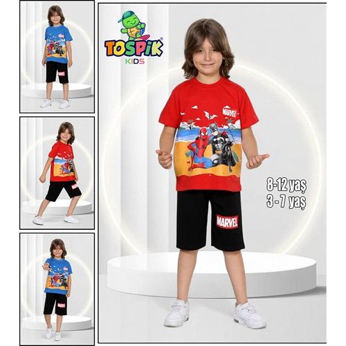 Tospik Erkek Çocuk Penye Sıfır Yaka mervel Baskısı Takım 3-7 Yaş