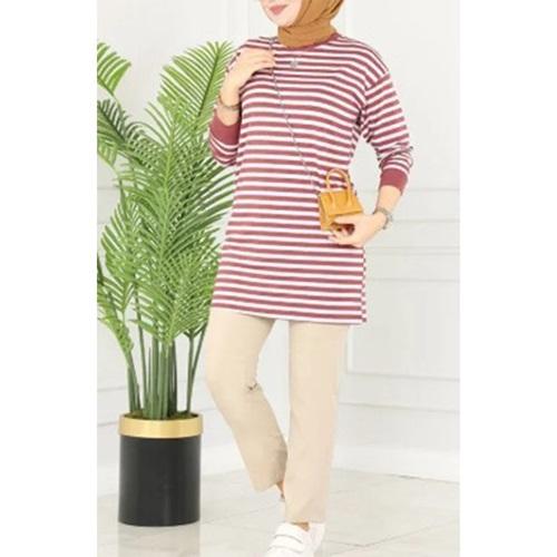 Nisanur Bayan Penye İki İpli Çizgili Battal Sıfır Yaka Uzun Kol Tunik 2XL-5XL