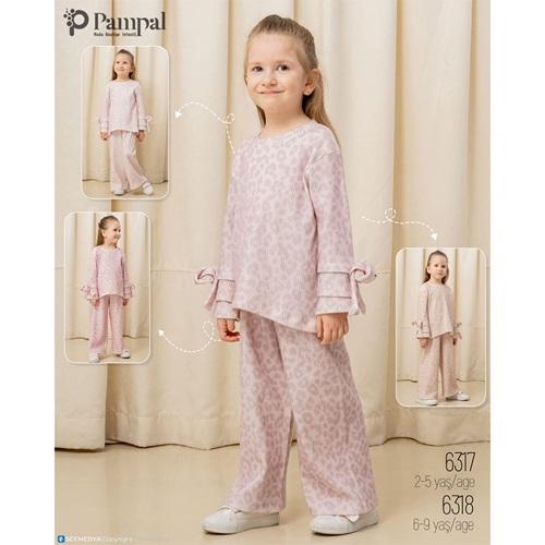 Pampal 6318 Kız Çocuk 3 İplik Dijital Baskılı Kol Kabartma Çiçek Nakışlı Fitilli Takım 6-9 Yaş