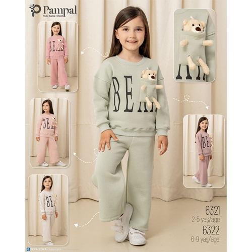 Pampal 6322 Kız Çocuk 3 İplik Bear Baskılı Sevimli Oyuncak Ayıcıklı Takım 6-9 Yaş