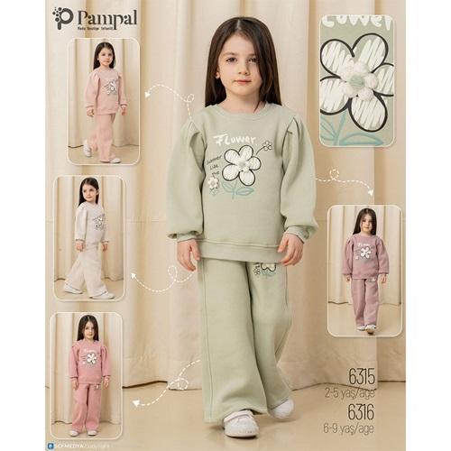 Pampal 6316 Kız Çocuk 3 İplik Çiçek Nakışlı Takım 6-9 Yaş
