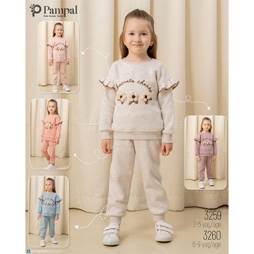 Pampal 3259 Kız Çocuk 3 İplik Kabartma 3 Çiçek Nakışlı Takım 2-5 Yaş