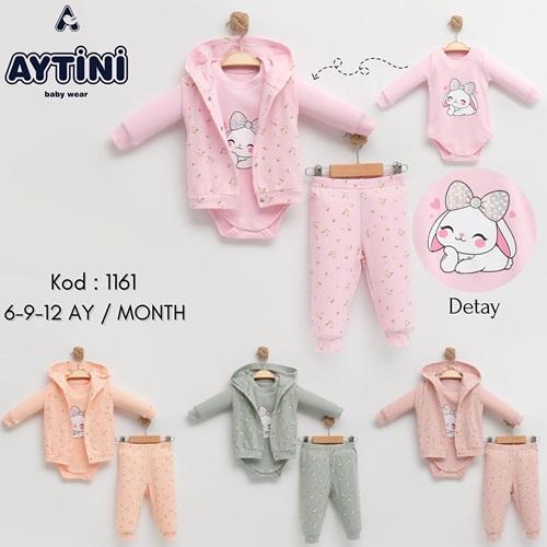 Aytini 1161 Kız Çocuk Penye Tavşanlı Papatya Baskısı Kapşonlu Yelekli 3 lü Takım 6-12 AY