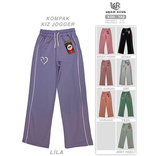 Uçar 2032-2 Kız Çocuk Kompak Yan Parça Kalp Baskı Uzun Geniş Paça Eşofman 12-16 Yaş