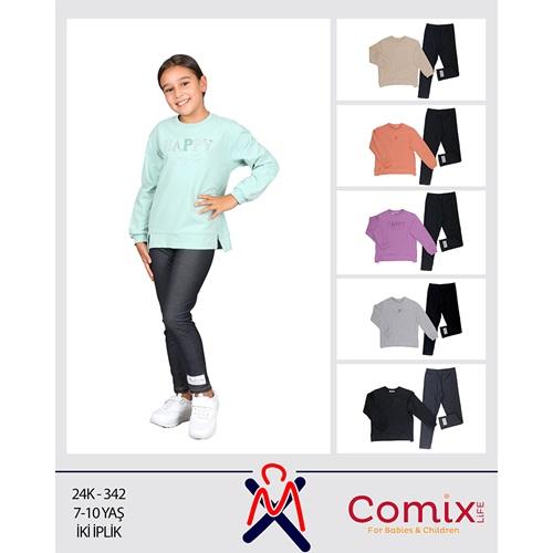 Comix 342 Kız Çocuk 2 İp Happy Nakışlı Sıfır Yaka Takım 7-10 Yaş