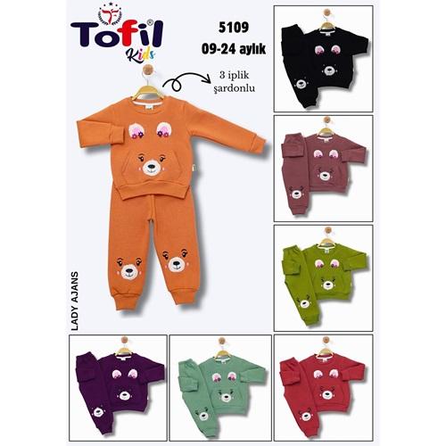 Tofil 5109 Kız Çocuk 3 İp Cepli Peluş Bear Nakışlı Takım 9-24 Ay