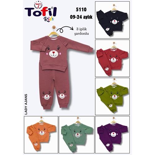 Tofil 5110 Kız Çocuk 3 İp Cepli Peluş Bear Kulaklı Nakışlı Takım 9-24 Ay