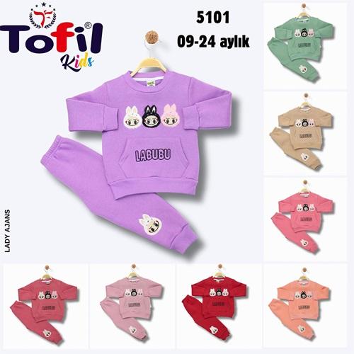 Tofil 5101 Kız Çocuk 3 İp Cepli Peluş Labubu Nakışlı Takım 9-24 Ay