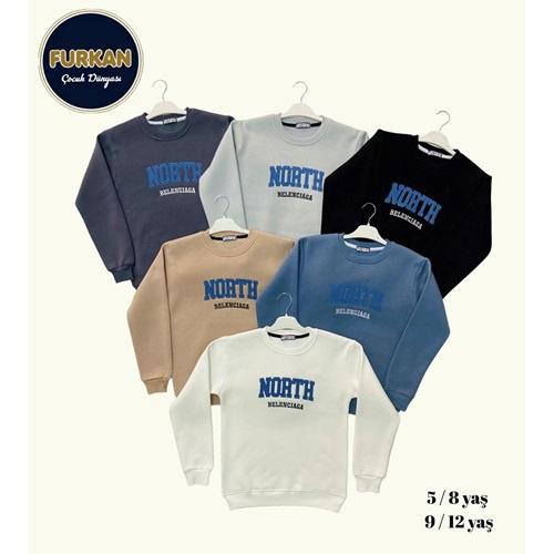 Furkan 8026 Erkek Çocuk 3 İplik North Nakışlı Sıfır Yaka Sweat 5-8 Yaş