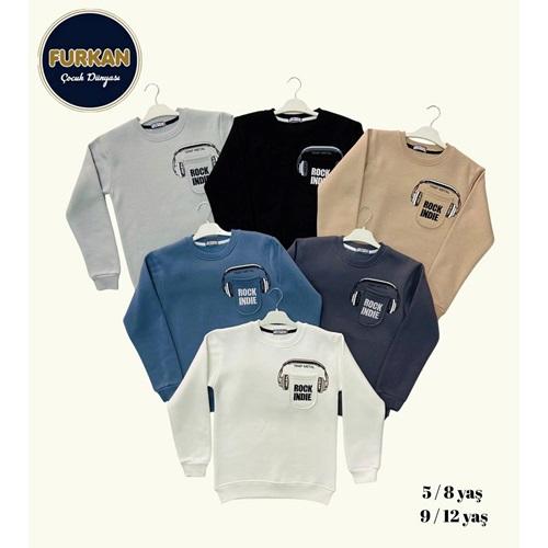 Furkan 8033 Erkek Çocuk 3 İplik Rock Indıe Nakışlı Sıfır Yaka Sweat 9-12 Yaş