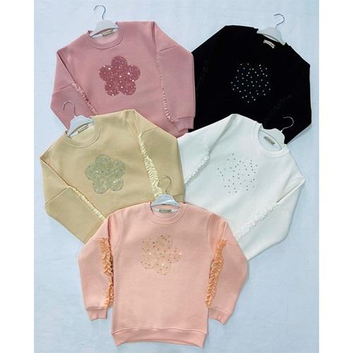 Almila 8088 Kız Çocuk 3 İplik Pullu Çiçek Nakışlı Sıfır Yaka Sweat 9-12 Yaş