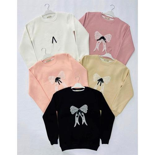 Almila 8316 Kız Çocuk 3 İplik Güpürlü Kurdela Nakışlı Sıfır Yaka Sweat 13-16 Yaş