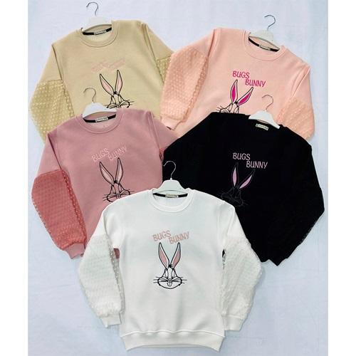 Almila 8071 Kız Çocuk 3 İplik Bugs Bunny Nakışlı Sıfır Yaka Sweat 5-8 Yaş