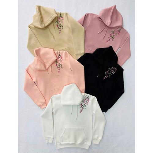 Almila 8019 Çocuk 3 İplik Çiçek Nakışlı Kapşonlu Sweat 9-12 Yaş