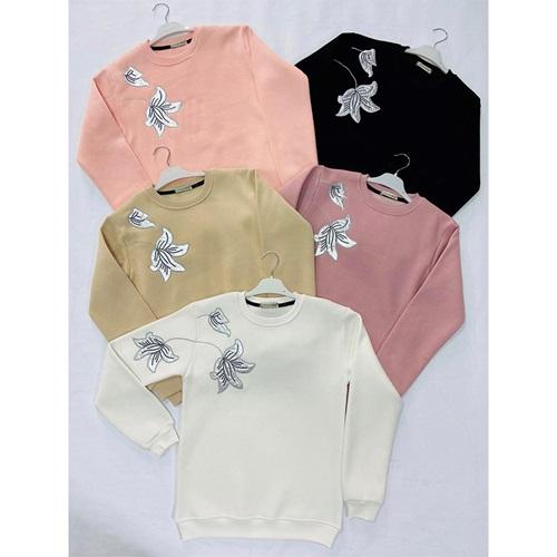 Almila 8316 Kız Çocuk 3 İplik Yaprak Çiçek Nakışlı Sıfır Yaka Sweat 13-16 Yaş