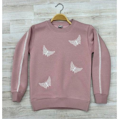 Bi Cool 2171 Kız Çocuk 3 İplik Kelebek Nakışlı Sıfır Yaka Sweat 13-16 Yaş