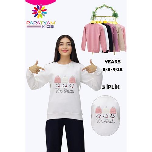 Papatyam Kids 10905 Kız Çocuk 3 İp 3 lü Gülen Yüz Peluş Baskılı Sweat 5-8 Yaş