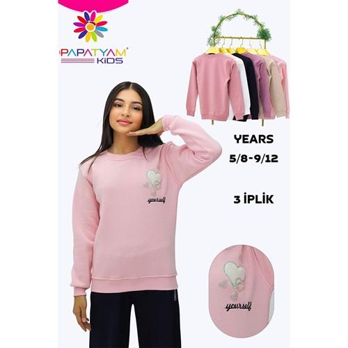 Papatyam Kids 11903 Kız Çocuk 3 İp Yossey Kalp Nakışlı Sweat 9-12 Yaş