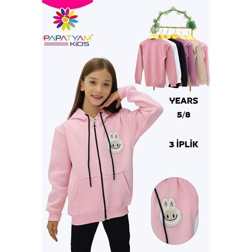 Papatyam Kids 10913 Kız Çocuk 3 İp Fermuarlı Lububu Kafa Taşlı Peluş Nakışlı Caket 5-8 Yaş